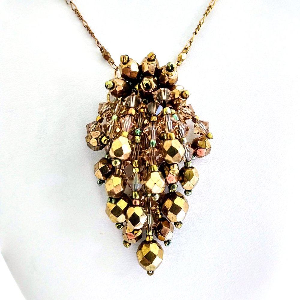 "WATERFALL" NECKLACE Gold Tone GOLD AURUM Faceted Xtal Pendant  18" VTG